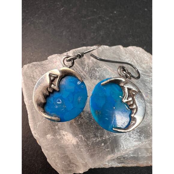 Vintage Sterling Silver Crescent Moon Blue Stone Dangle Earrings - Picture 3 of 8